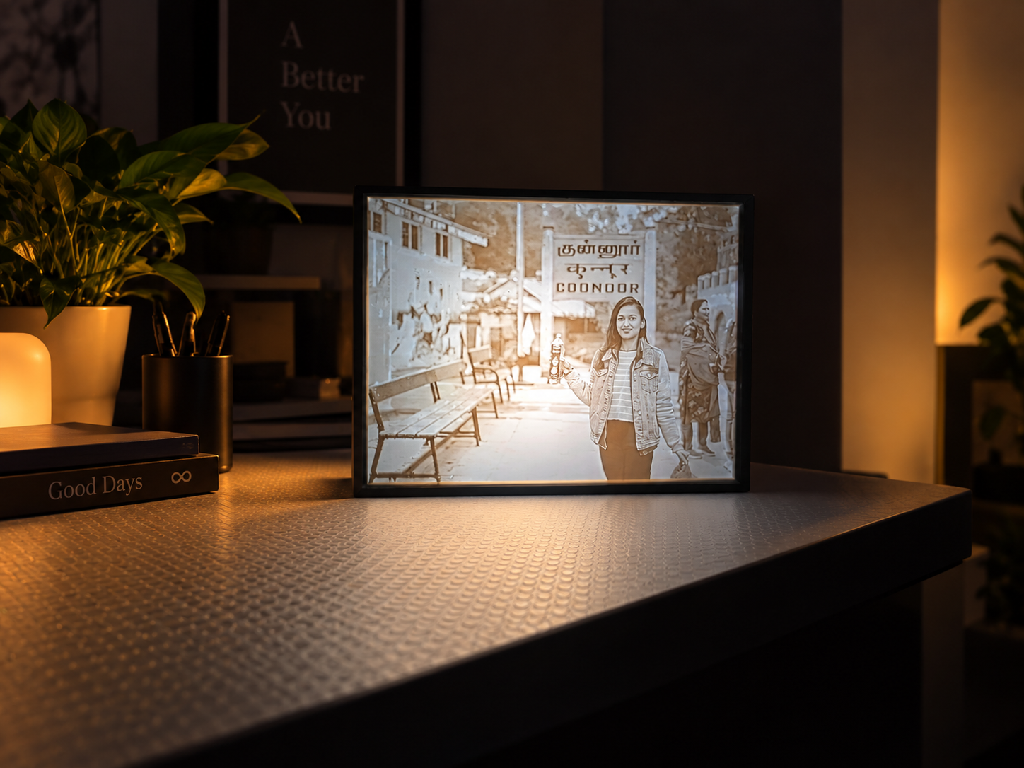 Styled on a console table beside a reading lamp